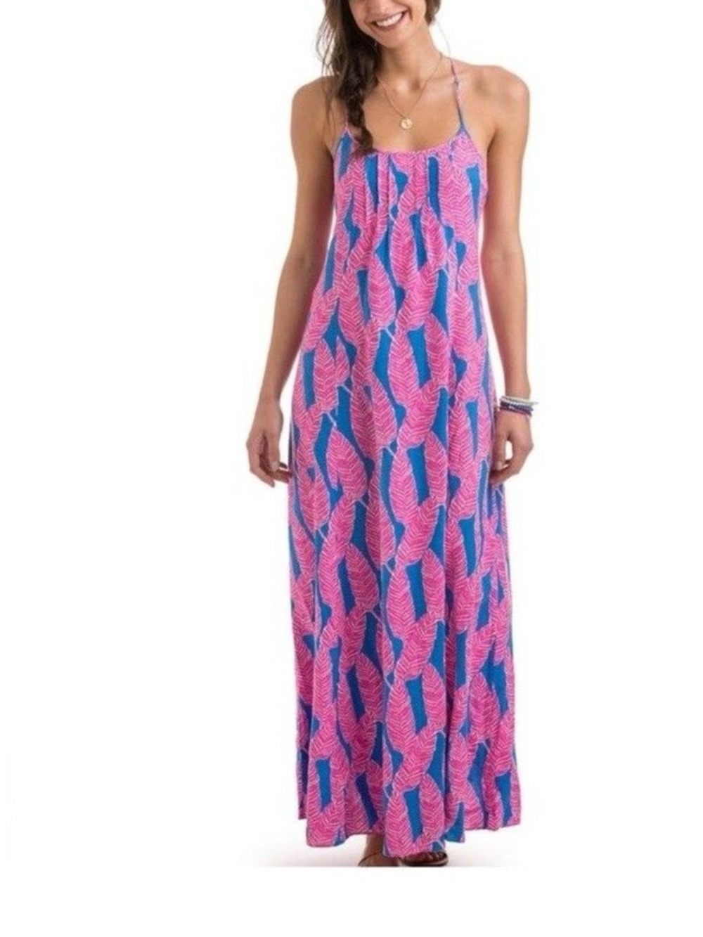 Vineyard Vines Palm Print Maxi Dress Sz 4 Blue Pink Strappy Tropical Boho Summer